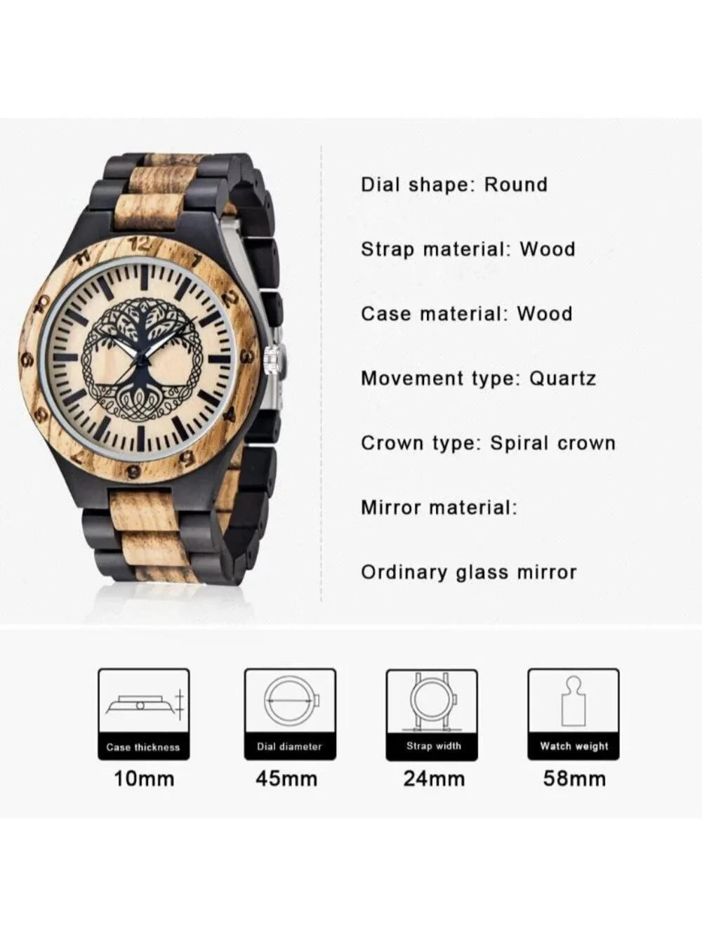 Men's Black Handmade Tree Pattern Lightweight Analog Quartz Wrist Wooden Watch